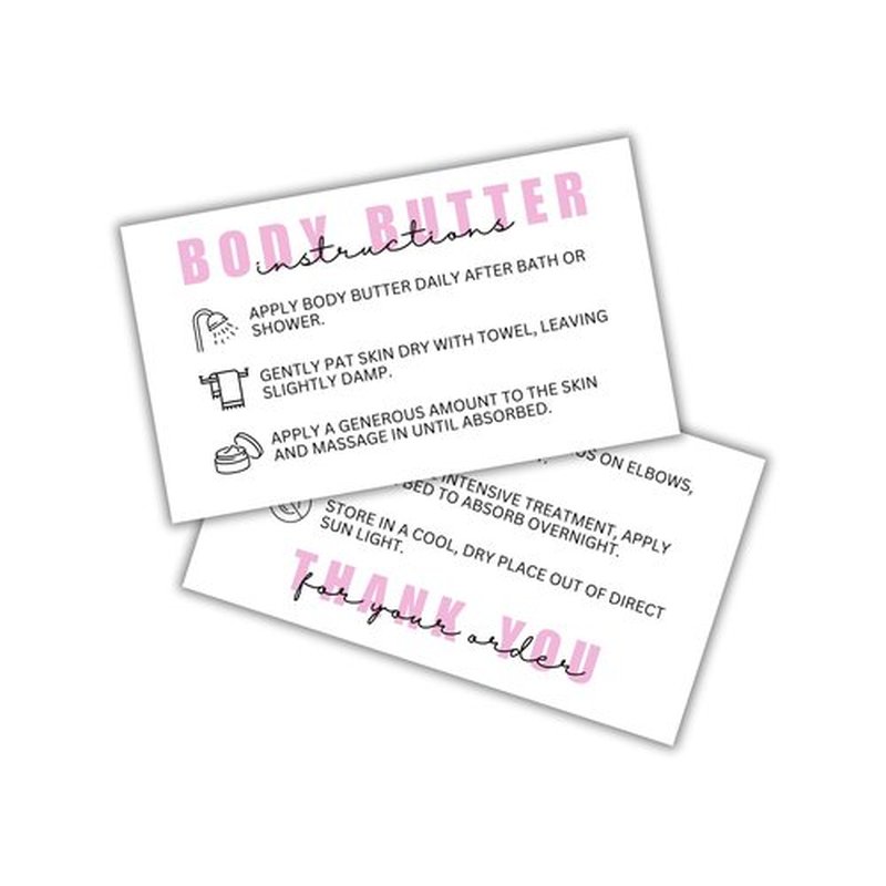 Body Butter Care Instruction Cards | 50 pk 2x3.5” Client Packaging Bulk Jar Ingredient Warning Label Stickers Container Stick