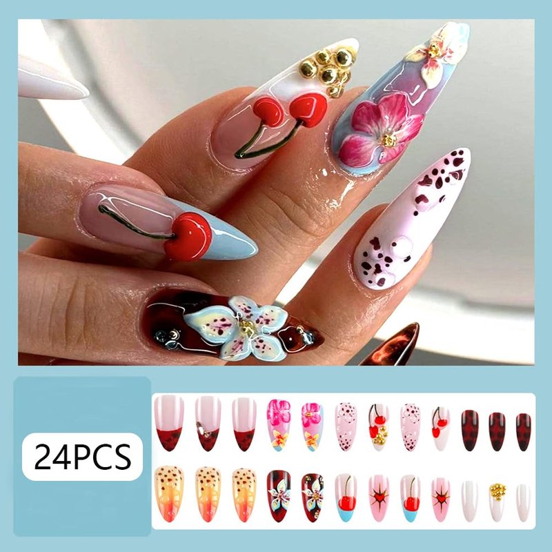 WAFOLOZE Almond Press on Nails Long Fake Nails with 3D Flowers Cherry Designs, Fall/Winter Glue On False Nail Press Ons Acrylic Artificial Stick On Nails for Women 24Pcs