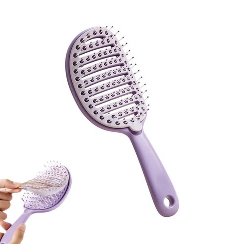 Self Cleaning Hair Brush with Lift Pad, ABS Vent Brush for Blow Drying, Dual Curve Design with Extra Long & Thick Bristles, Wet Hair Brush for Women, Girls & Kids (Purple, Not foldable)