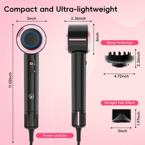 CINOSTAR Hair Dryer, Fast Drying Blow Dryer with Diffuser, with 110, 000RPM Brushless Motor&Ionic Technology No Heat Damage, Lightweight for Women and Travel, Low Noise, Black & Light Coral