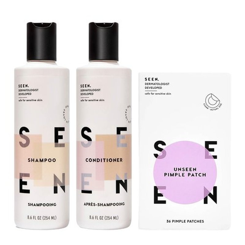 SEEN Acne-Safe Bundle - Scented - Shampoo, Conditioner & Pimple Patches – Non-Comedogenic, Dermatologist-Developed, Safe for Sensitive, Eczema & Acne-Prone Skin