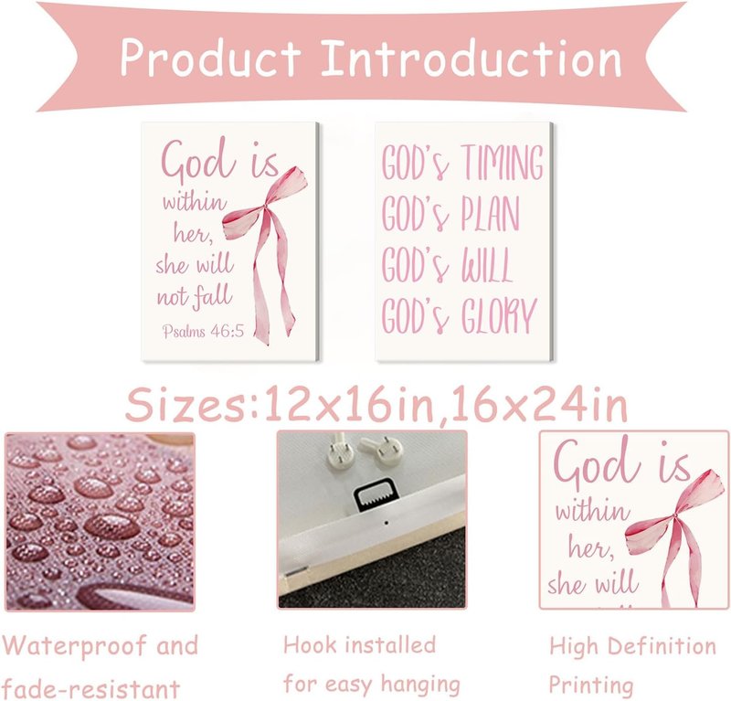 Coquette Pink Bow Canvas Wall Art - Inspirational Bible Verse Prints for Girls' Room | 12"x16" Framed Decor