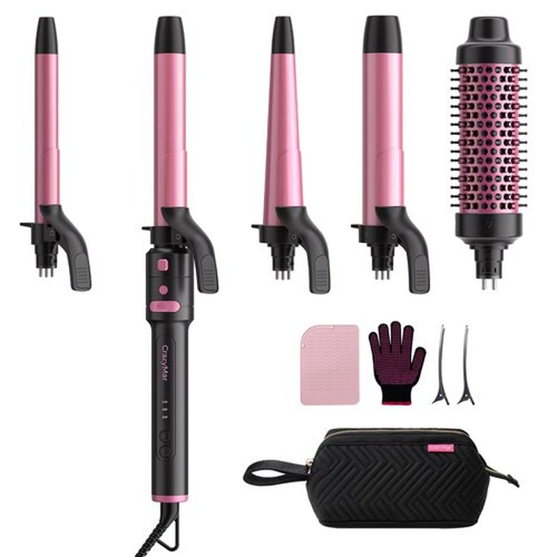 5 in 1 Automatic Rotating Curling Iron Set, CrazyMar Curling Wand Set - 5 Barrels (3/4,1,1/4 Inch) Dual Voltage Curling Wand for Professional Hair Styling, Travel, Ceramic Coating(Hot Pink)