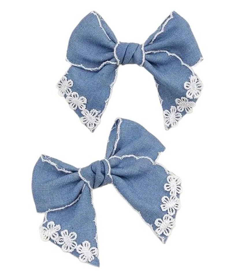 Blue Denim Hair Bow Clips Girls Denim Bowknot Pin Girls Blue Jeans Hair Bow Clips BW27 (Set-F)