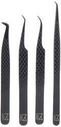 M LASH Tweezers for Eyelash Extensions (Set of 4) - Professional Lash Extension Tweezers - Fiber Tip, Japanese Steel, Diamond Grip Eyelash Extension Tweezer (Black)