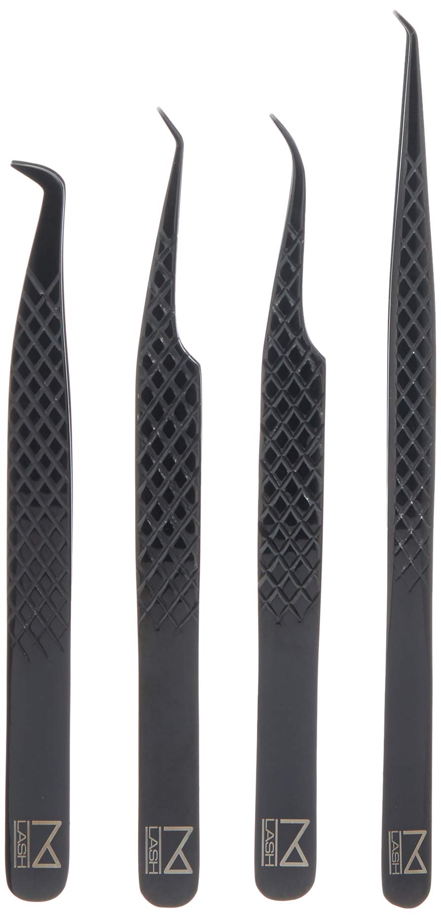 M LASH Tweezers for Eyelash Extensions (Set of 4) - Professional Lash Extension Tweezers - Fiber Tip, Japanese Steel, Diamond Grip Eyelash Extension Tweezer (Black)
