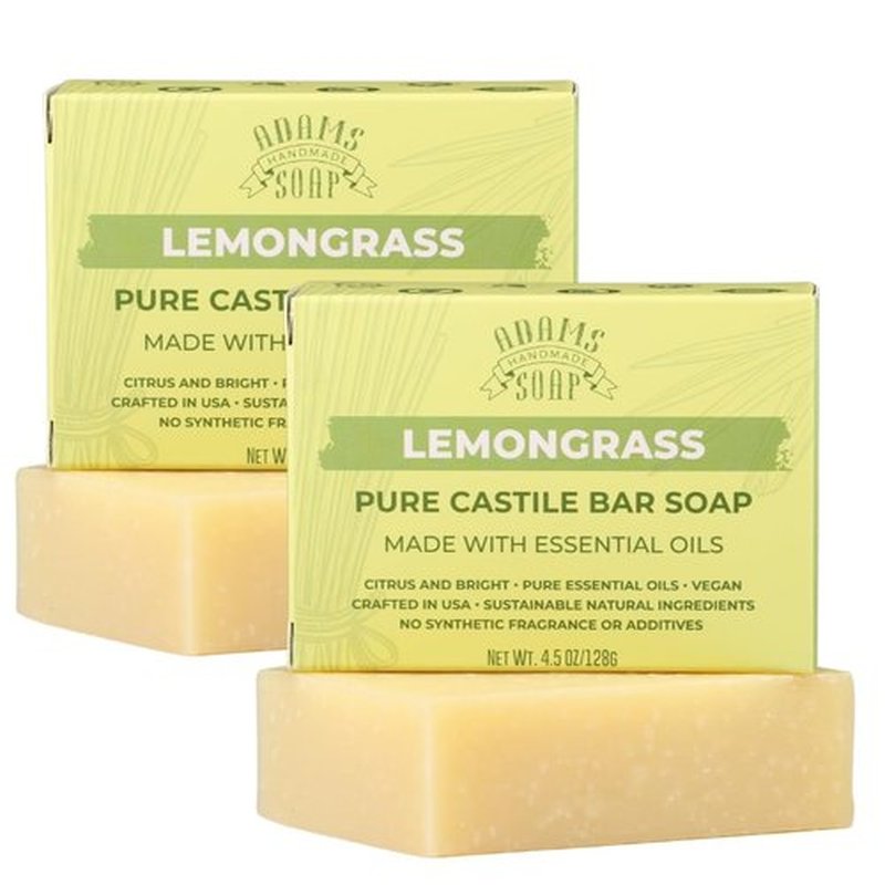 Adams Handmade Soap Lemongrass Pure Castile Bar Soap – 4.5 oz | Vegan, Cold Process, Essential Oils, 84% Organic, Fair Trade, No Additives, USA Made