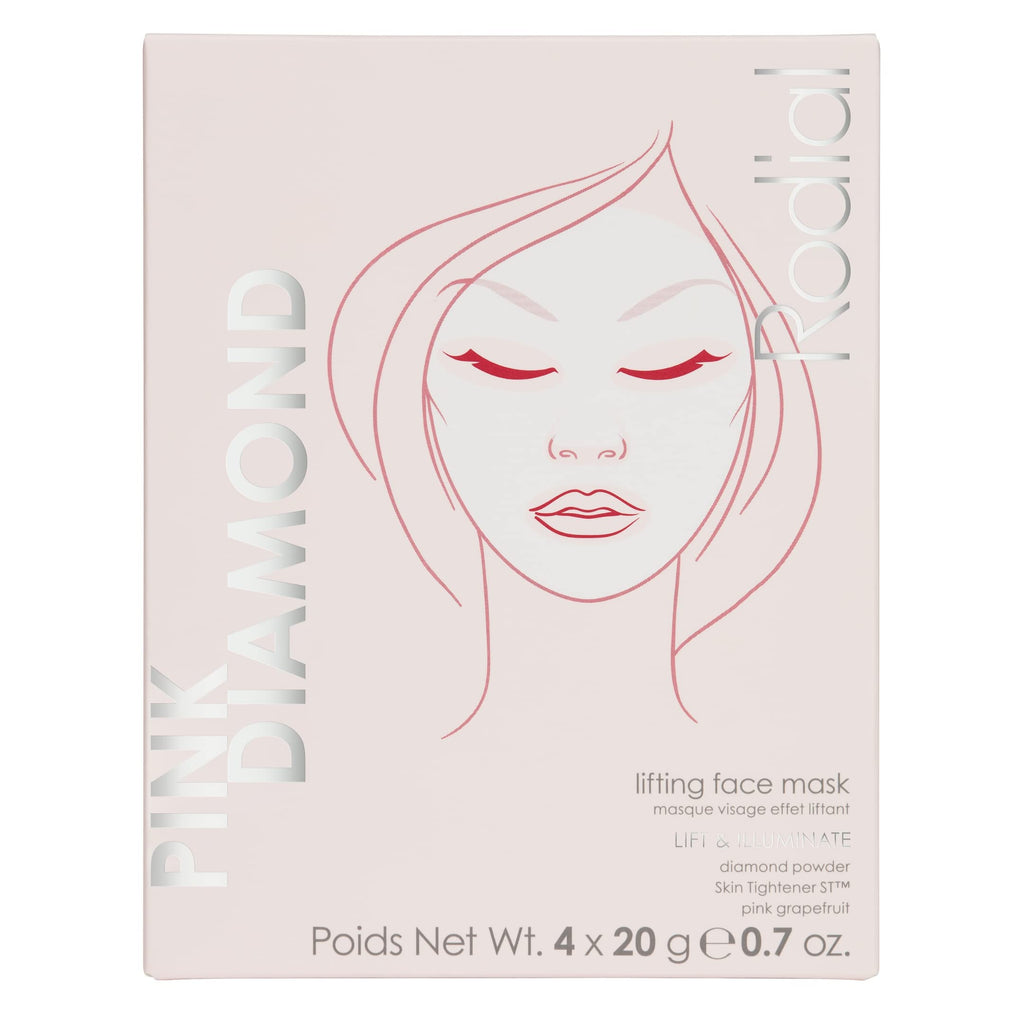 Rodial Pink Diamond Lifting Face Sheet Mask (4 Pack) - Hydrating Bio-Cellulose Sheet Mask with Vitamin C, Diamond Powder & Peptides for Firming, Brightening & Smooth Skin