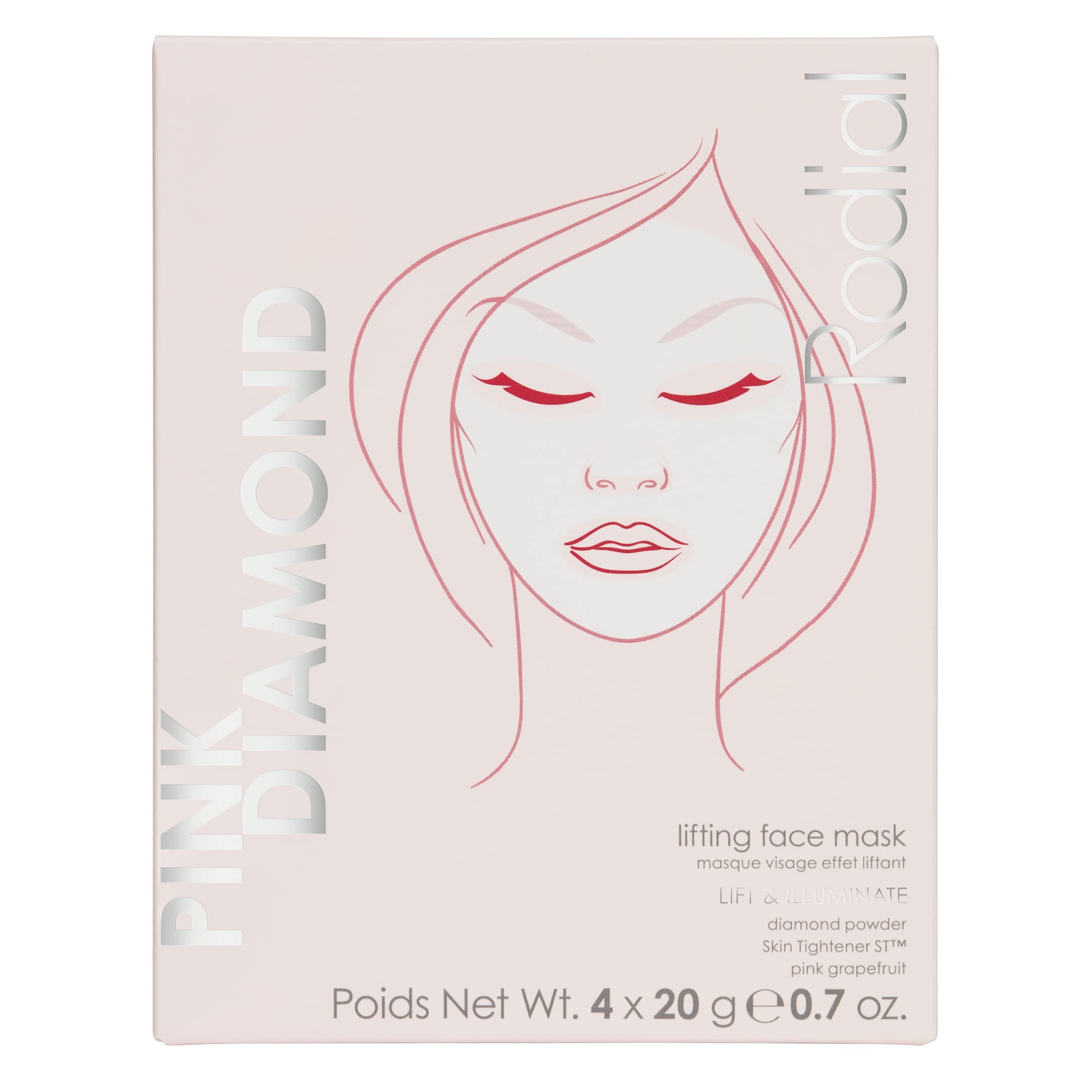 Rodial Pink Diamond Lifting Face Sheet Mask (4 Pack) - Hydrating Bio-Cellulose Sheet Mask with Vitamin C, Diamond Powder & Peptides for Firming, Brightening & Smooth Skin