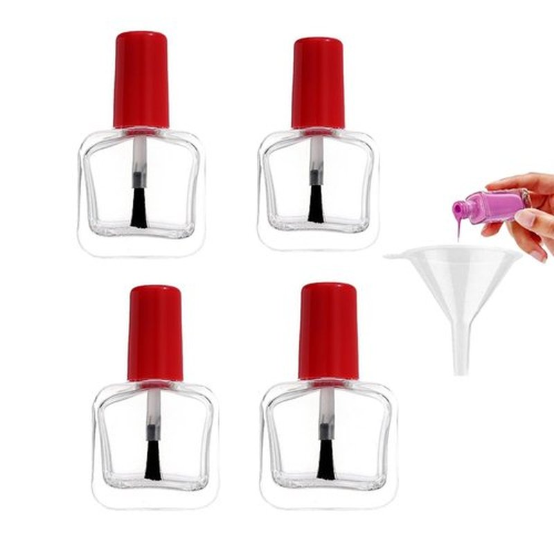 SUKPSY 4 Pcs Empty Nail Polish Bottles with Brush Cap, Reusable SquareTransparent Glass Bottles Vials Containers with Funnel for DIY Nail Art Sample(10ml)