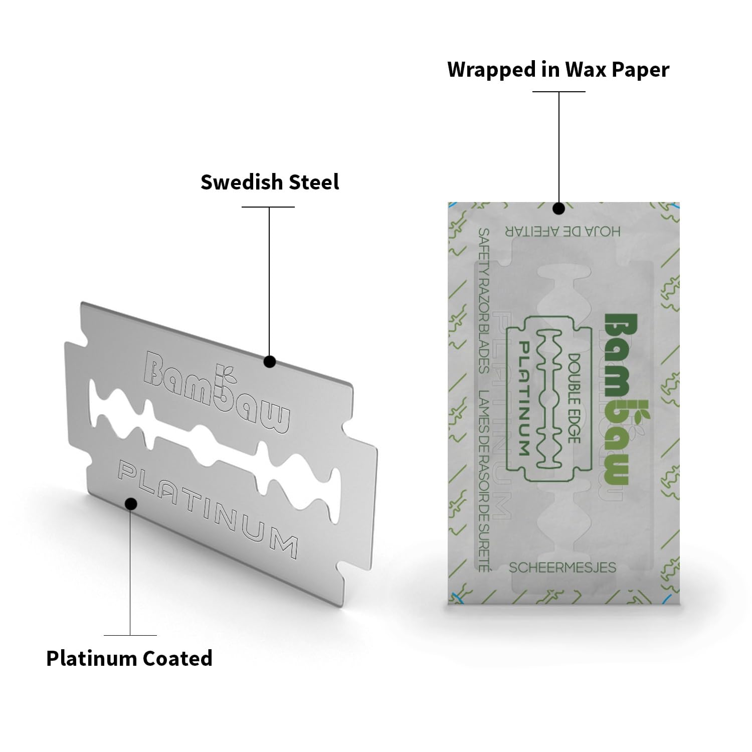 Bambaw Double Edge Safety Razor Blades, 100 Pack, Platinum Swedish Stainless Steel Replacement Razor Blades, Long-Lasting Performance, Smooth & Precise Shave, Up to 2 Years Supply