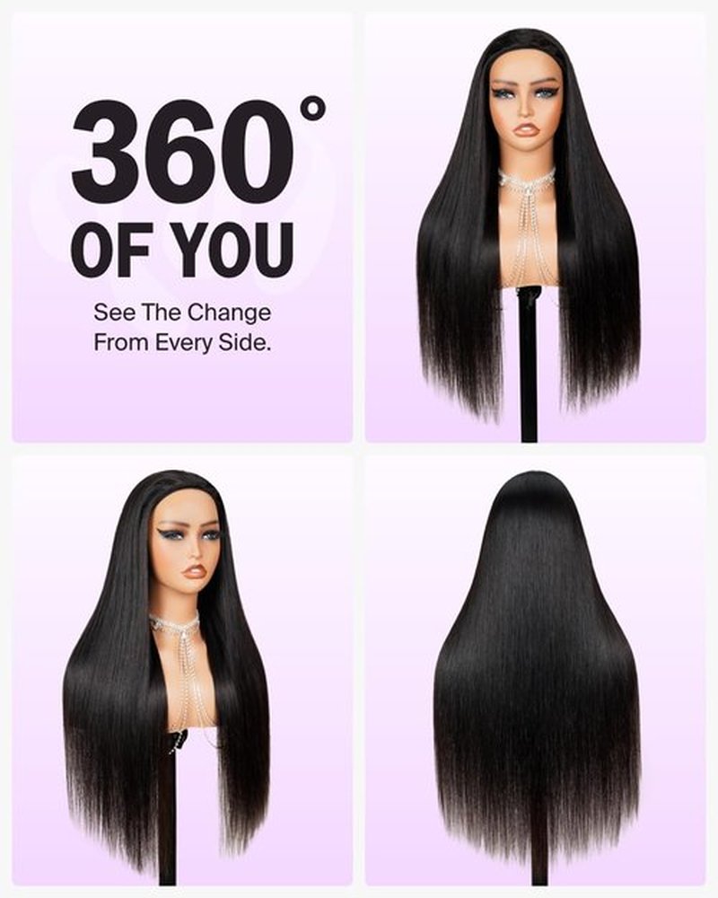 Megalook hair Straight Headband Wig Human Hair Drawstring Ponytail Half Wig No Lace Wear and Go Glueless Wigs Human Hair 20 Inch Ponytail Extension Natural Black 200% Density