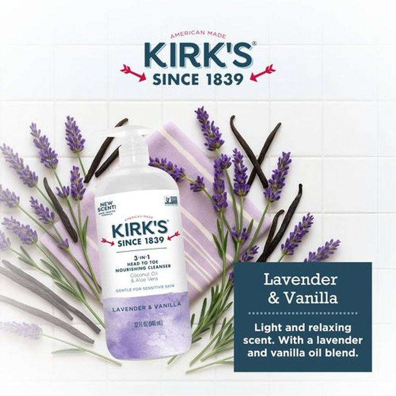 Kirk's 3-in-1 Head to Toe Nourishing Liquid Cleanser- for Men, Women & Children - Premium Coconut Oil & Aloe Vera- Non GMO & Vegan - Lavender and Vanilla - 32 Fl Oz. - 2 Pack