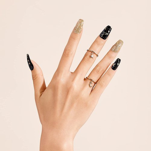 Gold Finger Gel Glam Press On Design Nail Kit, Black and Gold Artsy Design, Polish Free Manicure Long Length (GD16) Long lasting, Sturdy, Mini Glue Included