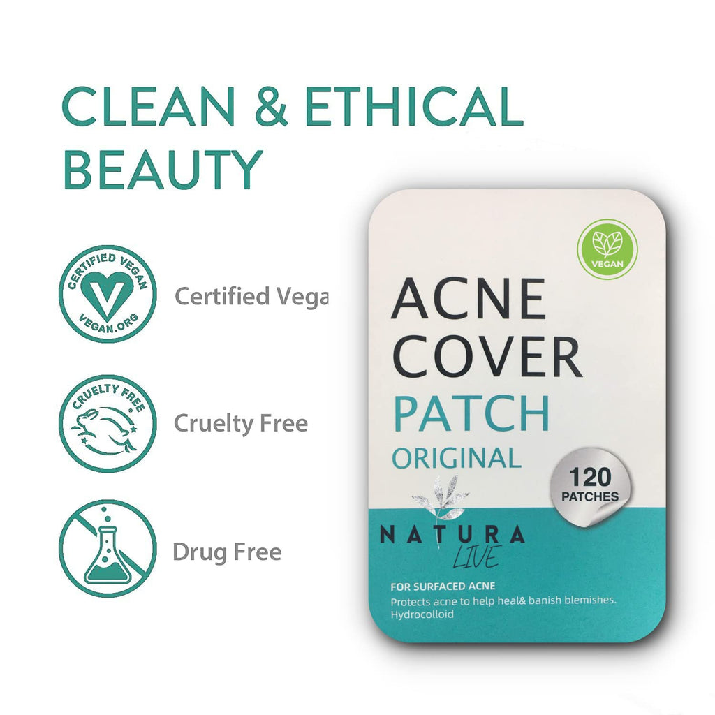 Natura Live Hydrocolloid Acne Patches – 120-Pcs Pimple Patches for Face –Blemish Patches to Cover Zits, Acne, Breakouts – Vegan and Cruelty-Free Zit Stickers – Zit Absorbing Acne Spot Dots