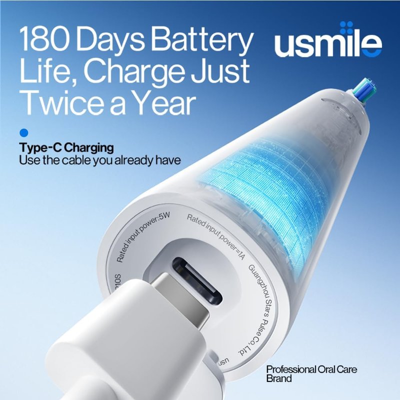 Usmile P10S Sonic Electric Toothbrush - 3 Cleaning Modes, 180-Day Battery Life, Sensitive Teeth Care, 2 Brush Heads (White)