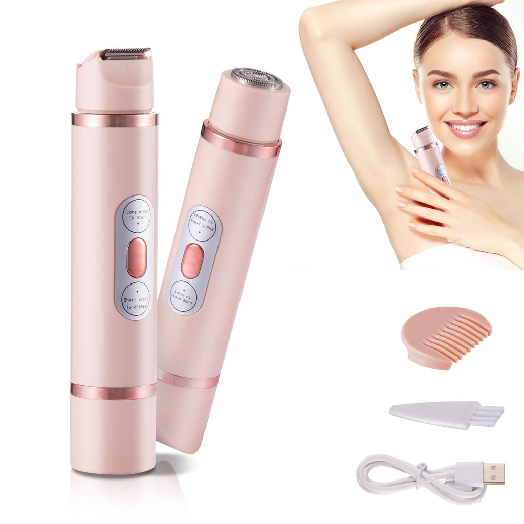 Bikini Trimmer for Women 2 in 1 Dual-Head Electric Razors, Dual Head Bikini Trimmer for Women Pubic Hair, Waterproof Wet and Face Shaver for Bikini Underarm Leg Arm Body Face (Pink)