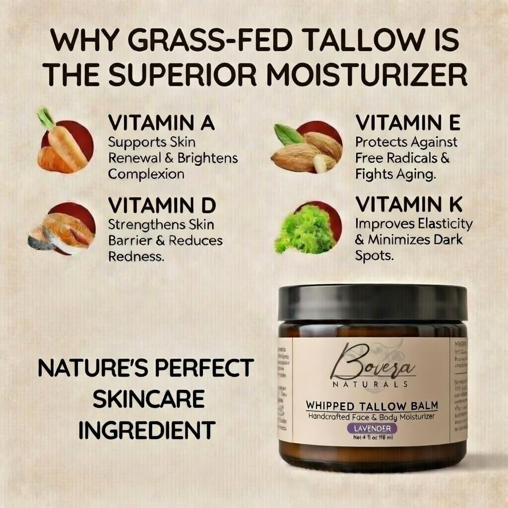 Bovera Naturals Tallow Moisturizer, Lavender Scented Face and Body Cream, 100% Organic Grass-Fed Beef Tallow, Non-Greasy for Dry Sensitive Skin, Eczema Cream and Body Butter, 4 fl oz