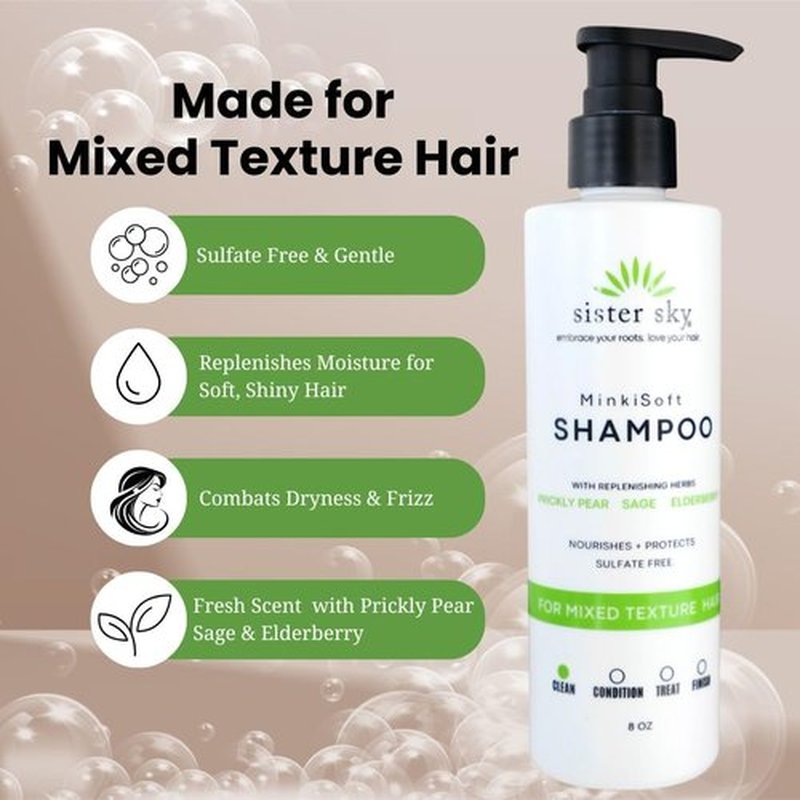 Sister Sky MinkiSoft Shampoo for Your Sofest Hair Ever - Paraben Free, Sulfate Free, Gluten Free for Diverse, Mixed Texture, Coarse, Dry, Strong Hair
