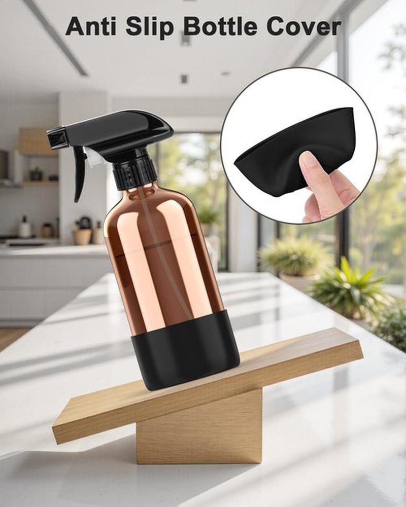 Bontip Amber Glass Spray Bottle - 16 oz Refillable with Silicone Sleeve for Cleaning & Aromatherapy (Black Sleeve)