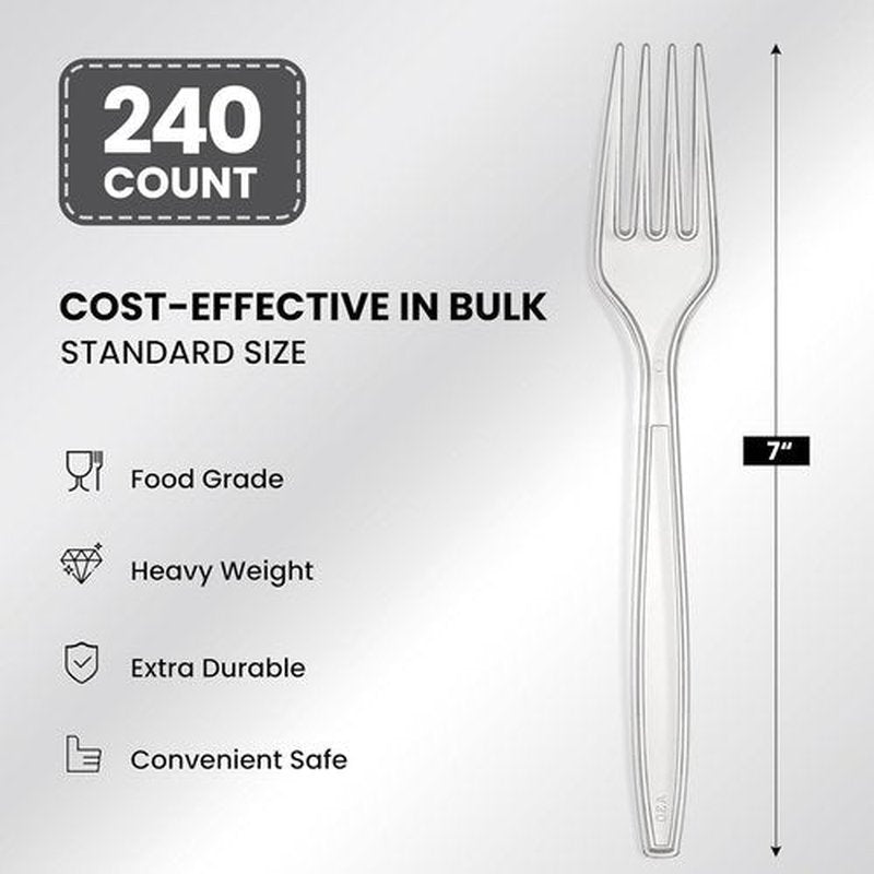 Skiennix Extra Heavy Duty Clear Plastic Forks - 240 Count, BPA-Free & Heat Resistant Utensils for Events