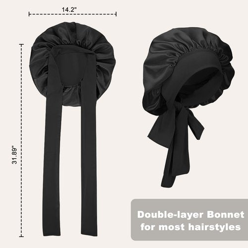 Satin Bonnet with Tie Band, Double Layer Adjustable Sleep Bonnet with Silk-Like Lining, Stay On Night Cap for Curly Hair, Braids & Natural Hair