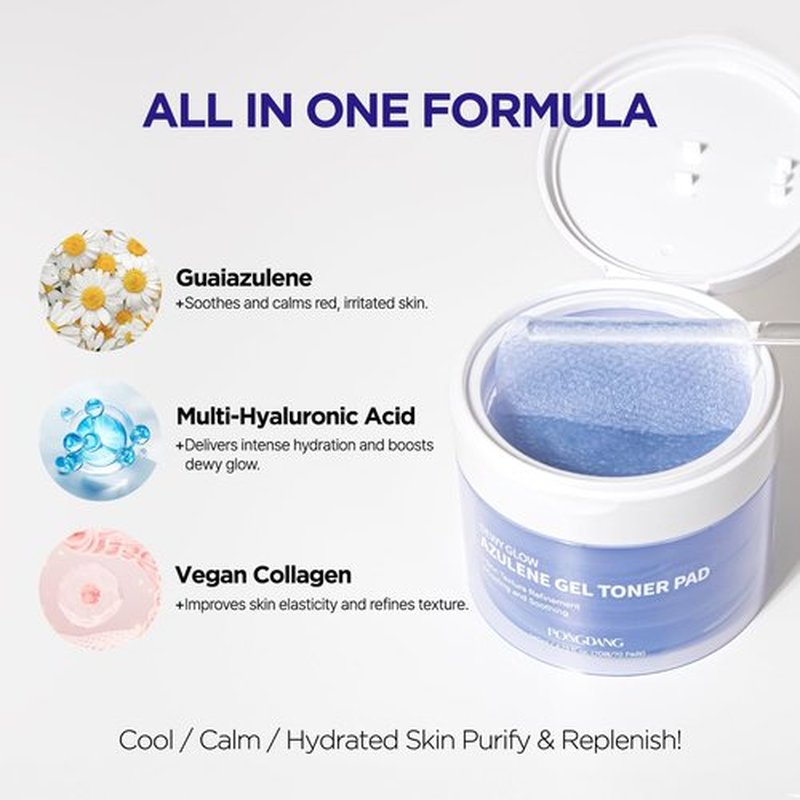 PONGDANG Dewy Glow Azulene Gel Toner Pad | Cooling Calm | Korean Gel Toner Pads with Guai Azulen, Chamomile | Soothing, Radiance & Uneven Skin Tone | Korean Skin Care