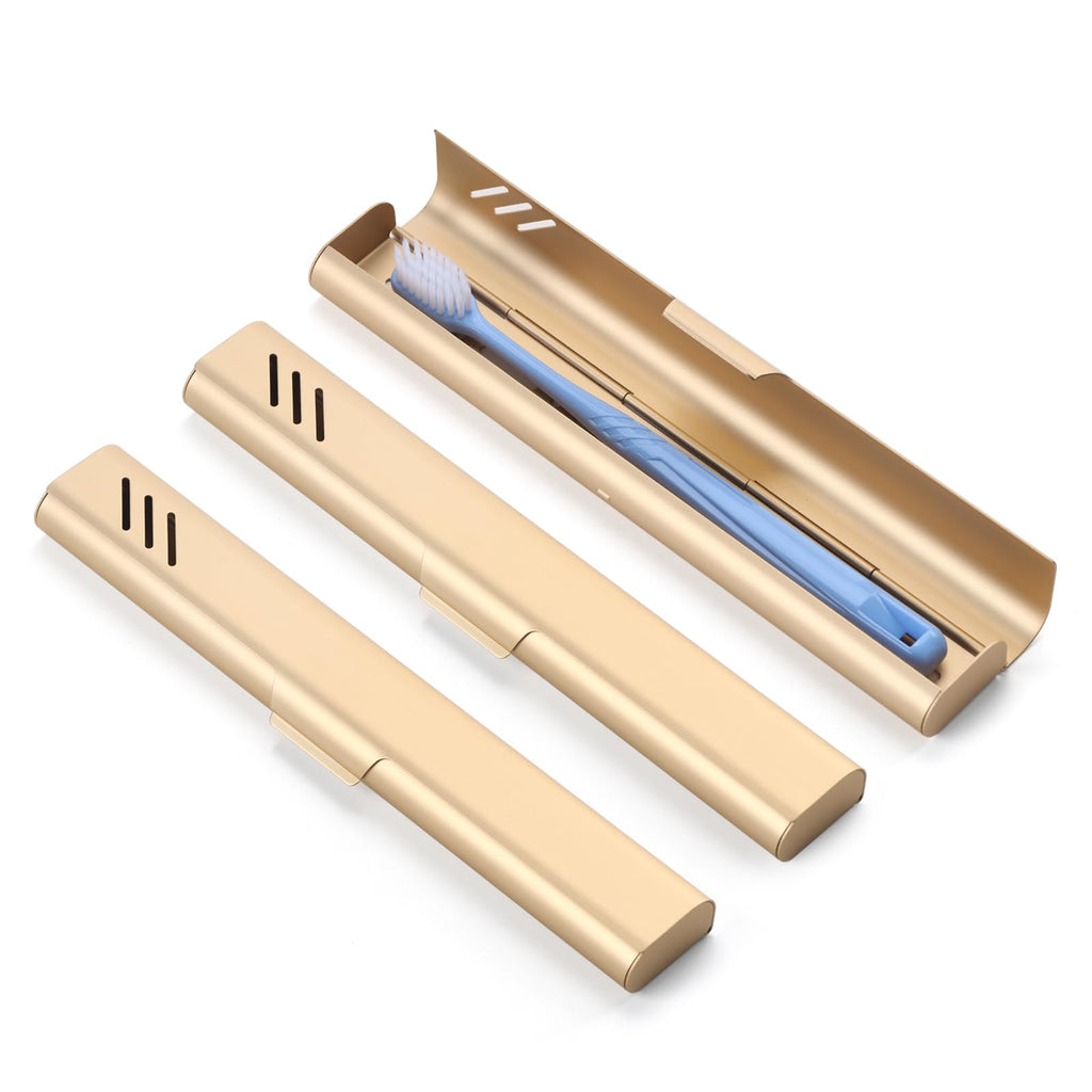 Glowivize Travel Toothbrush Case, 2Pack Portable Toothbrush Holders, Durable Aluminum Toothbrush Storage Box, Small Breathable Manual Toothbrush Container for Traveling, Camping, Business Trip - Gold