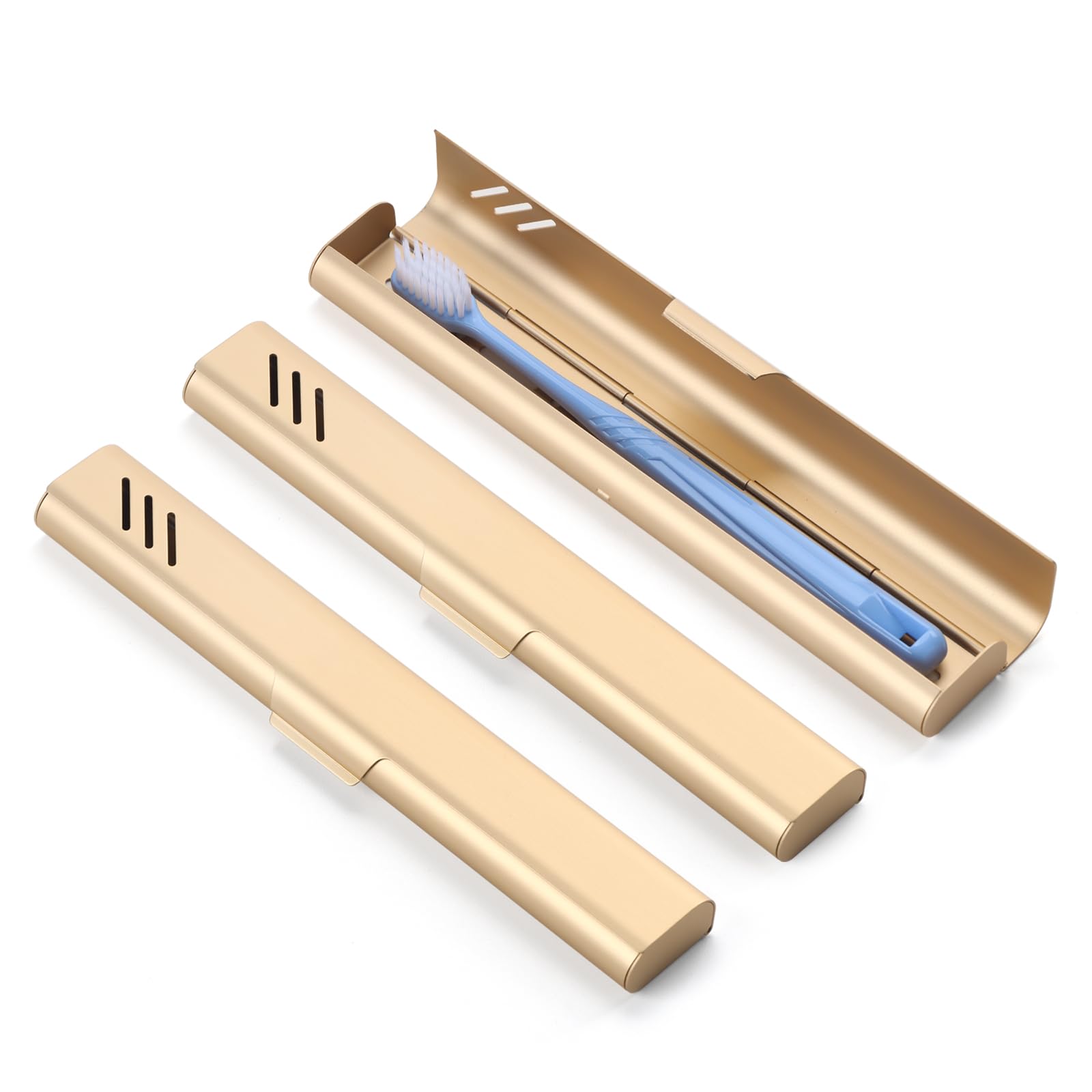 Glowivize Travel Toothbrush Case, 2Pack Portable Toothbrush Holders, Durable Aluminum Toothbrush Storage Box, Small Breathable Manual Toothbrush Container for Traveling, Camping, Business Trip - Gold