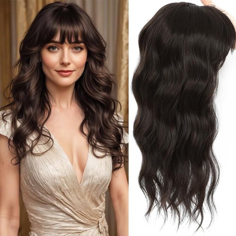 HAITOO Hair Toppers for Women, 18 Inch Toppers Hair Pieces for Women with Thinning Hair Wispy Clip in Bangs 360° 3D Big Coverage Base Curly Wavy (Dark Brown, 18Inch Wispy bangs)