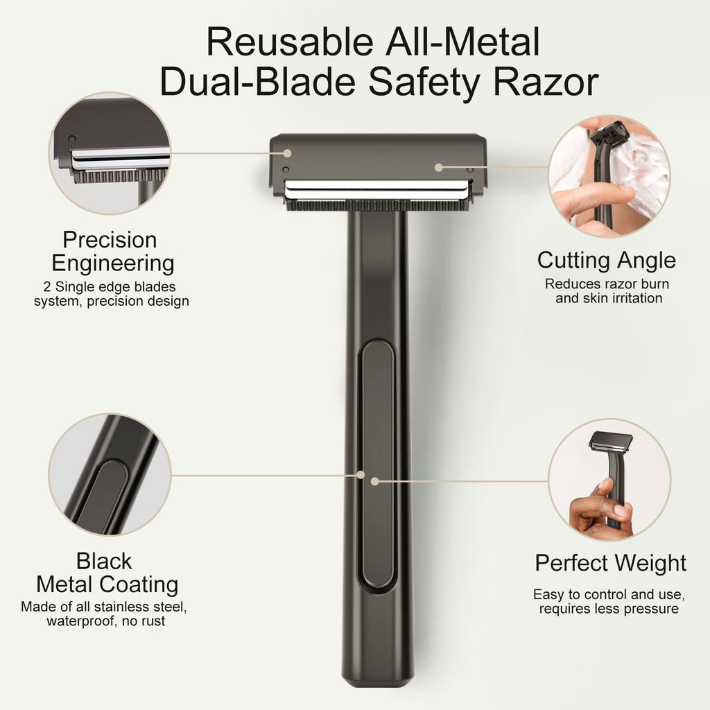 THURLADY Dual-Blade Safety Razor with Pivoting Head, Matte Black