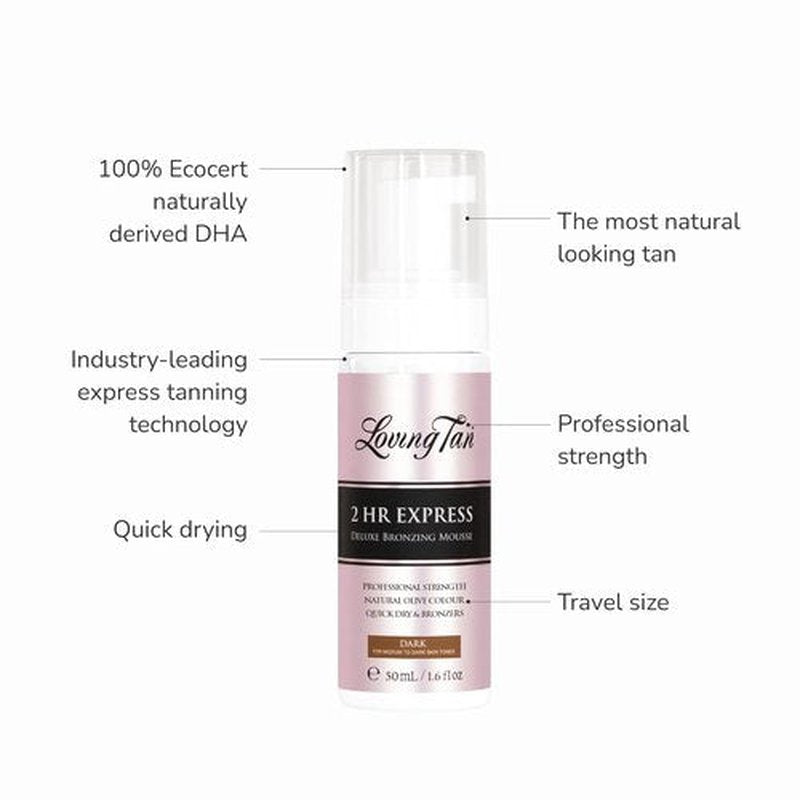 Loving Tan 2HR Express Self Tanner Kit - Dark Travel Size with Bronzing Mousse & Applicator Mitt - 1.6 Fl Oz
