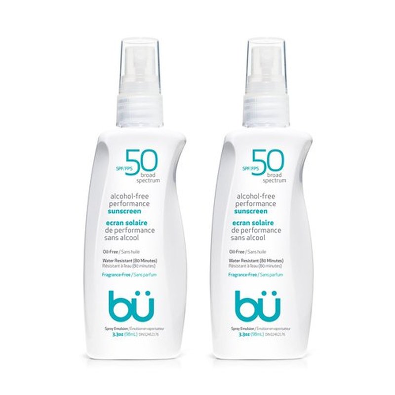 BU SPF 50 Sunscreen Spray for Face and Body, Fragrance Free, Clear Non Aeorsol, Non Greasy and Water Resistant (2-pack)