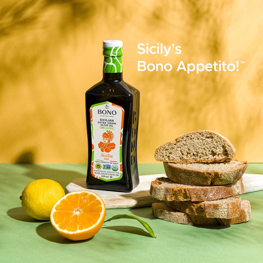 Bono Organic Sicilian PGI Extra Virgin Olive Oil, 16.9 Fl Oz – USDA Organic, Non-GMO, Cold Extracted, Certified Gluten Free, Clean Label Project Purity Award Winner