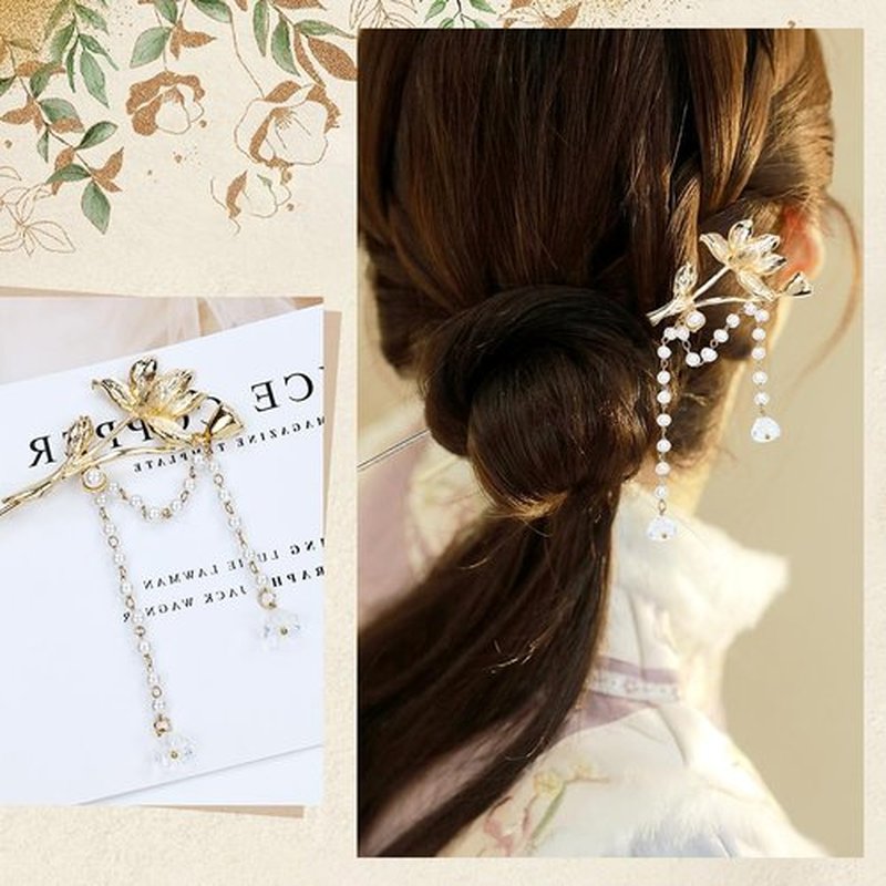Lawie 10 Pack Retro Gold Metal Long Hair Sticks Pins with Pearl Jade Dangles Tassels Pendants Chinese Hanfu Asian Flower Butterfly Hair Chopsticks Hair Picks Bun Forks Holders Hairpins for Women Girls