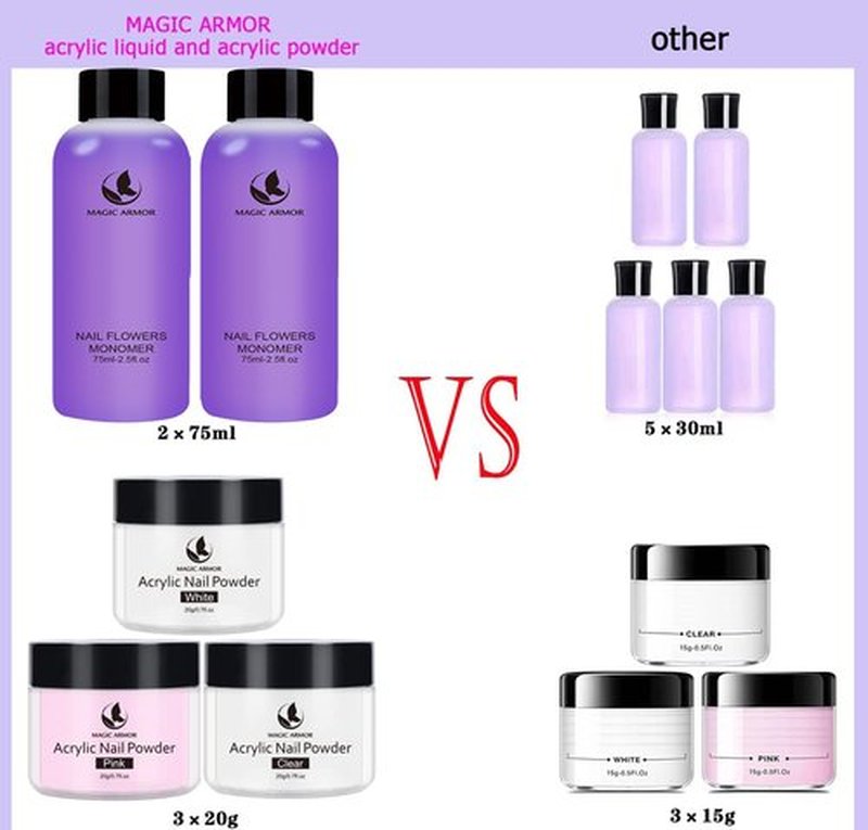 MAGIC ARMOR Acrylic Liquid Monomer and Acrylic Powder Set - 3 Colors Powder Clear Pink White Professional Monomer Liquid 5oz For Nails Extension Kit