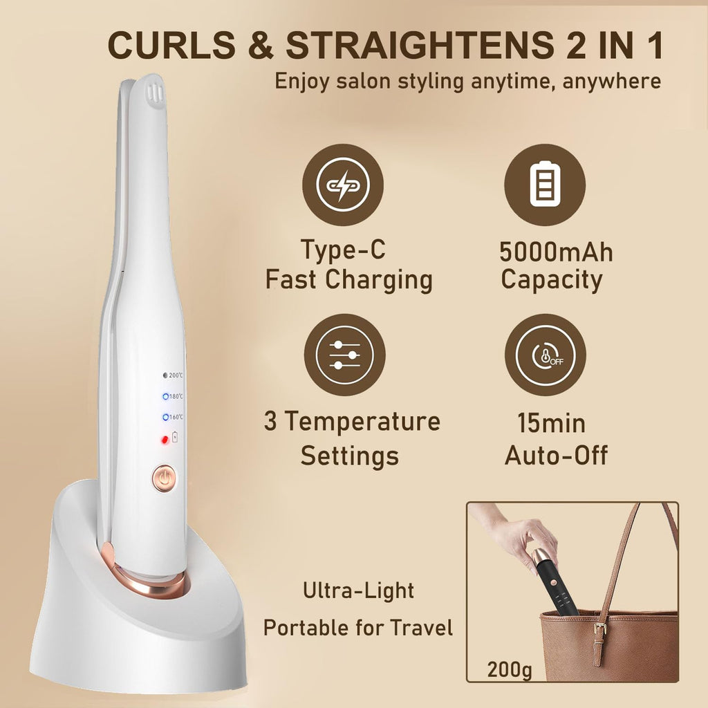 Cordless Hair Straightener and Mini Curling Iron 2 in 1, Small Flat Irons for Short Hair, Ceramic Tourmaline Mini Hair Straightener, Fast Heating, 3 Temperature Settings, Auto Shut-Off (White)
