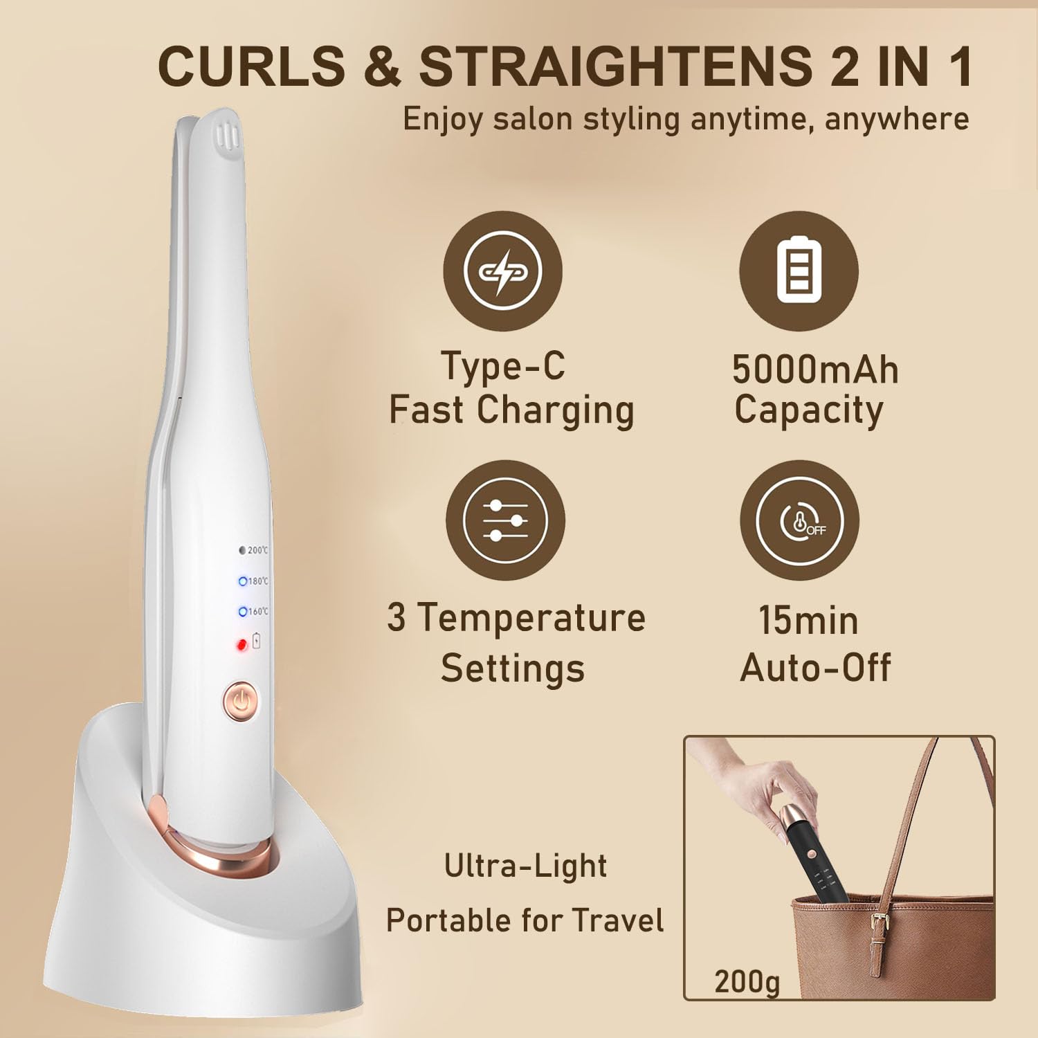 Cordless Hair Straightener and Mini Curling Iron 2 in 1, Small Flat Irons for Short Hair, Ceramic Tourmaline Mini Hair Straightener, Fast Heating, 3 Temperature Settings, Auto Shut-Off (White)
