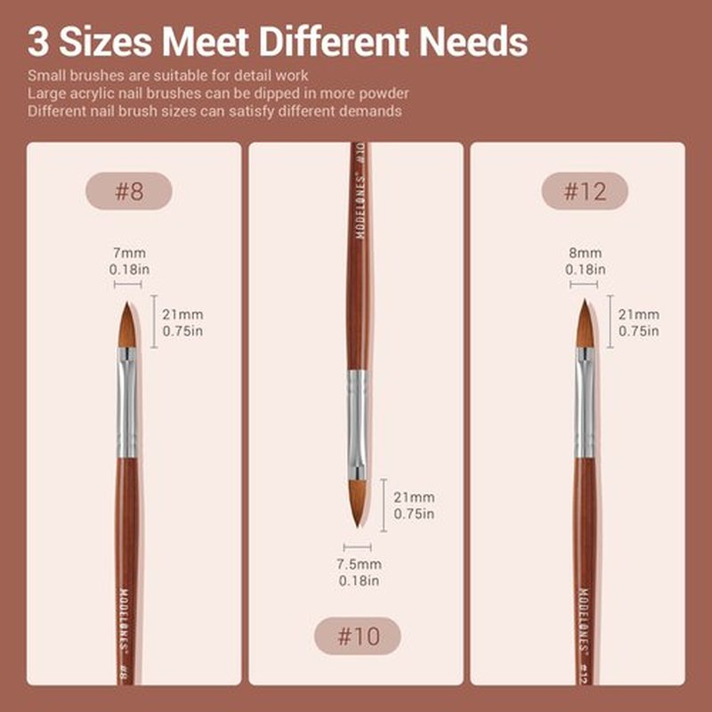Modelones Kolinsky Acrylic Nail Brush Set, Size 8/10/12 Round Shaped Nail Brushes for Acrylic Powder, Gel Polish, Extension Gel, 3D Carving & Detailing Design with Wooden Handle Salon & DIY Use