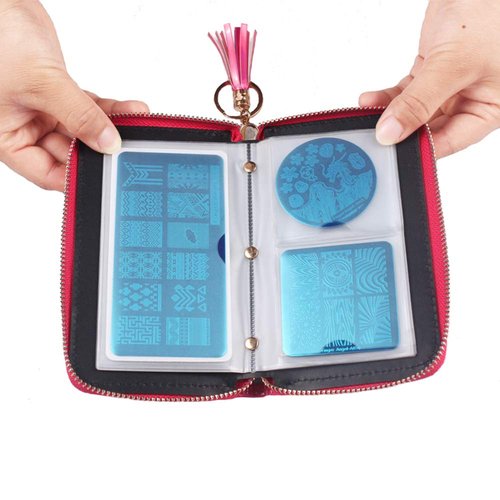 FingerAngel 24 Slots Nail Stamping Plate Holder Case Round Square Rectangular Nail Art Stamp Plate Organizer Purple Color Stamping Ablum (Lase Rainbow Rose Red)