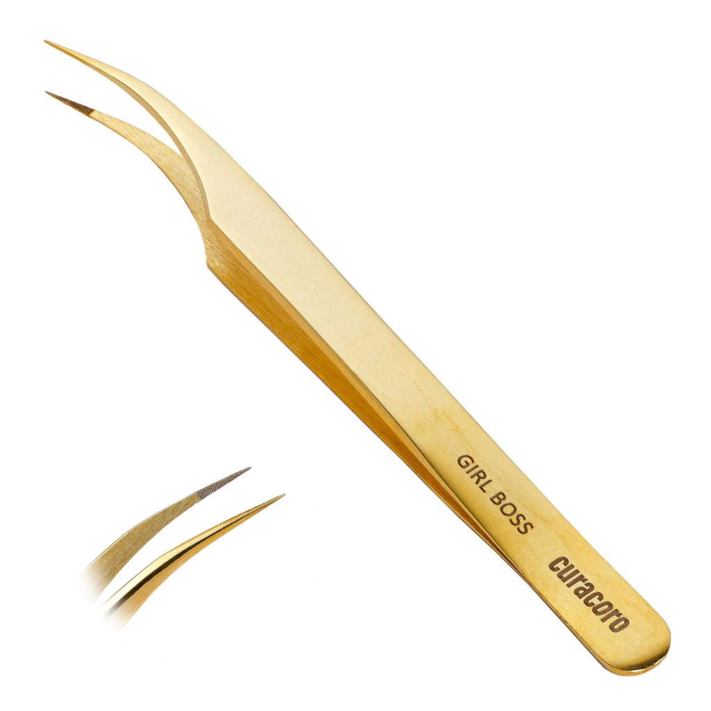 Curacoro Lash Tweezers, Fiber Tip Grip (Gold, Girl Boss)