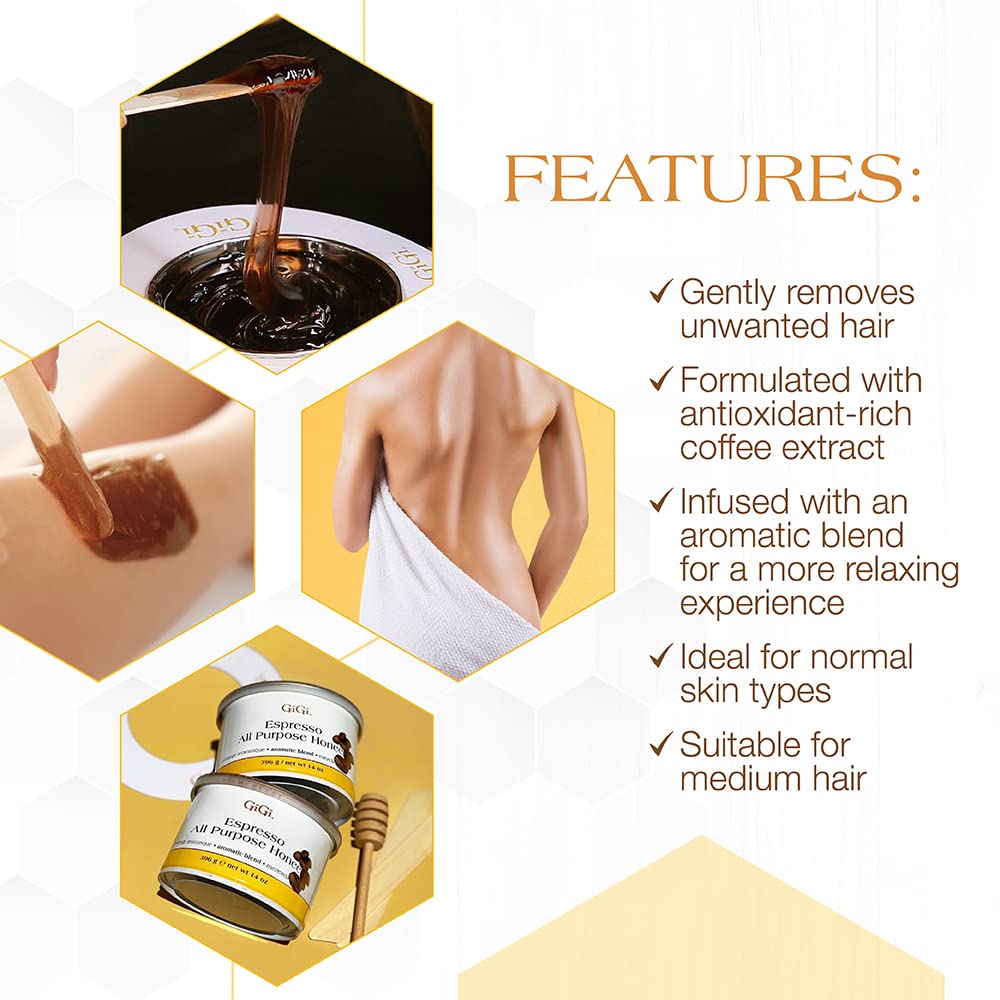 GiGi Espresso All Purpose Honee Soft Wax for Hair Removal with Antioxidant for Face & Body, Removes Coarse and Fine Hair, 14 oz