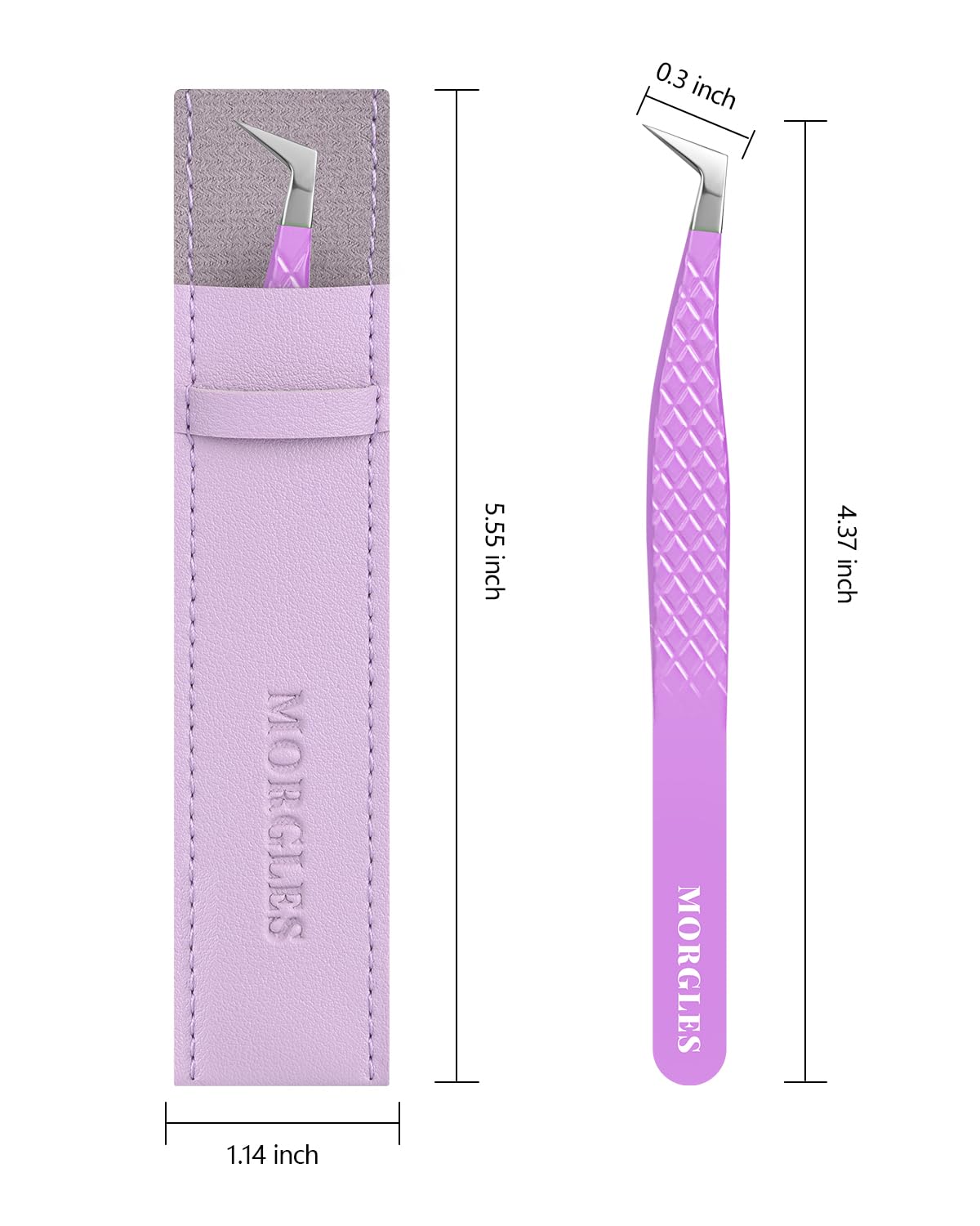 MORGLES Lash Tweezers for Eyelash Extensions, 90 Degree Fiber Tip Eyelash Extension Tweezers for Volume Lashes with Bag, Purple