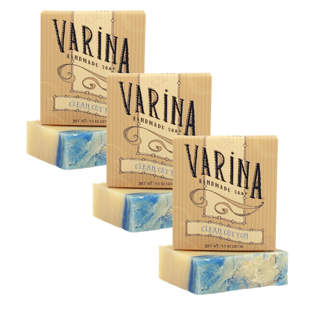 Varina Natural Clean Cotton Bar Soap - Gentle Cleansing for Sensitive Skin | Fresh Scent - 3 Pack