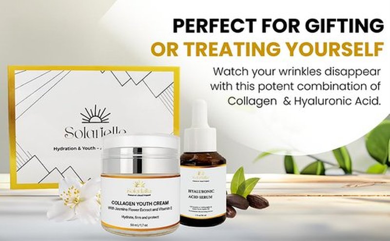 Collagen Youth Cream & Hyaluronic Acid Serum Set by Solarielle – Anti-Aging Skincare Duo for Deep Hydration, Firming & Wrinkle Care