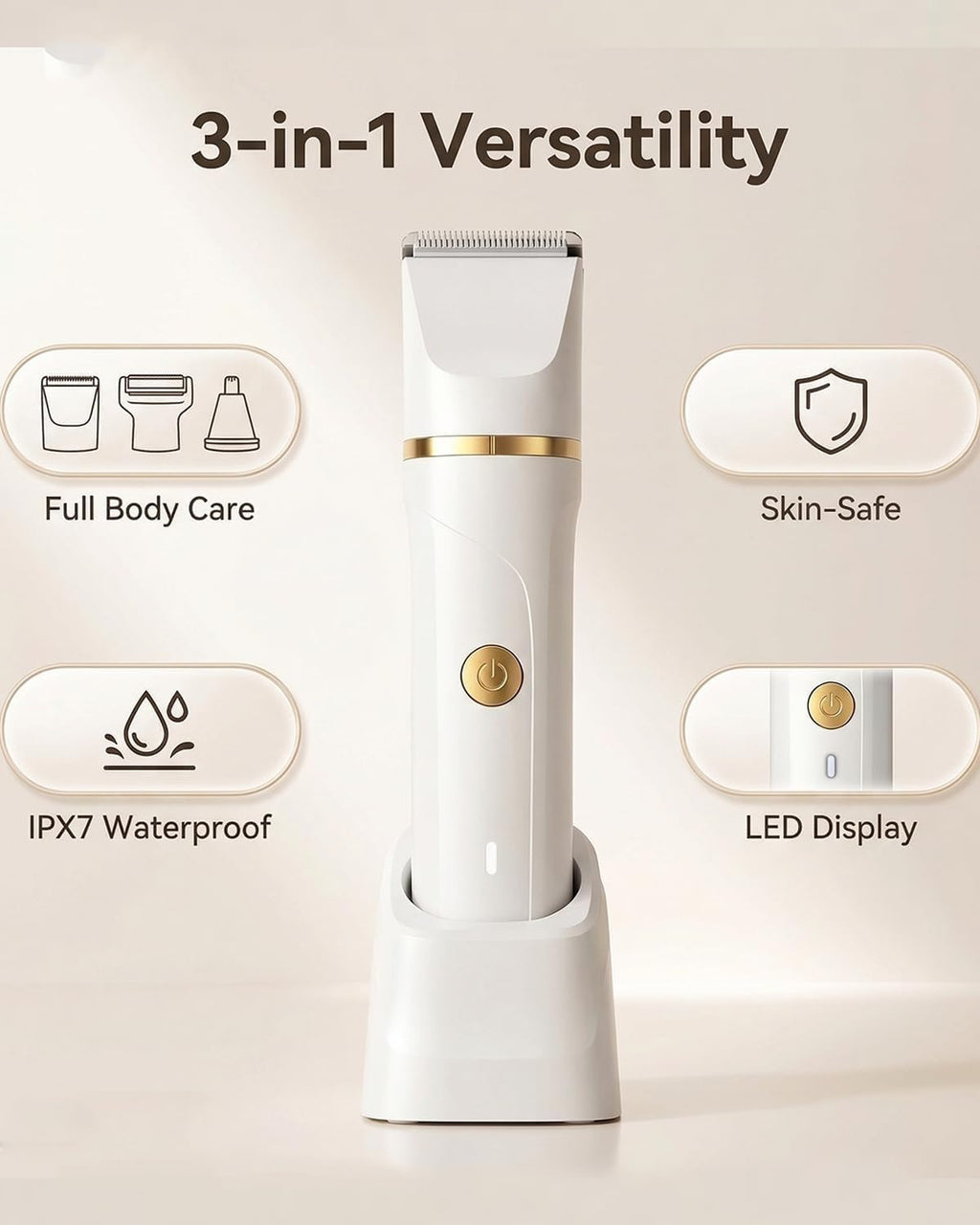 RAXMETRY Bikini Trimmer for Women Men, 3-in-1 Electric Razors for Pubic Hair, IPX7 Waterproof Replaceable Shaver Head with Nose Hair Trimmer for Travel, White