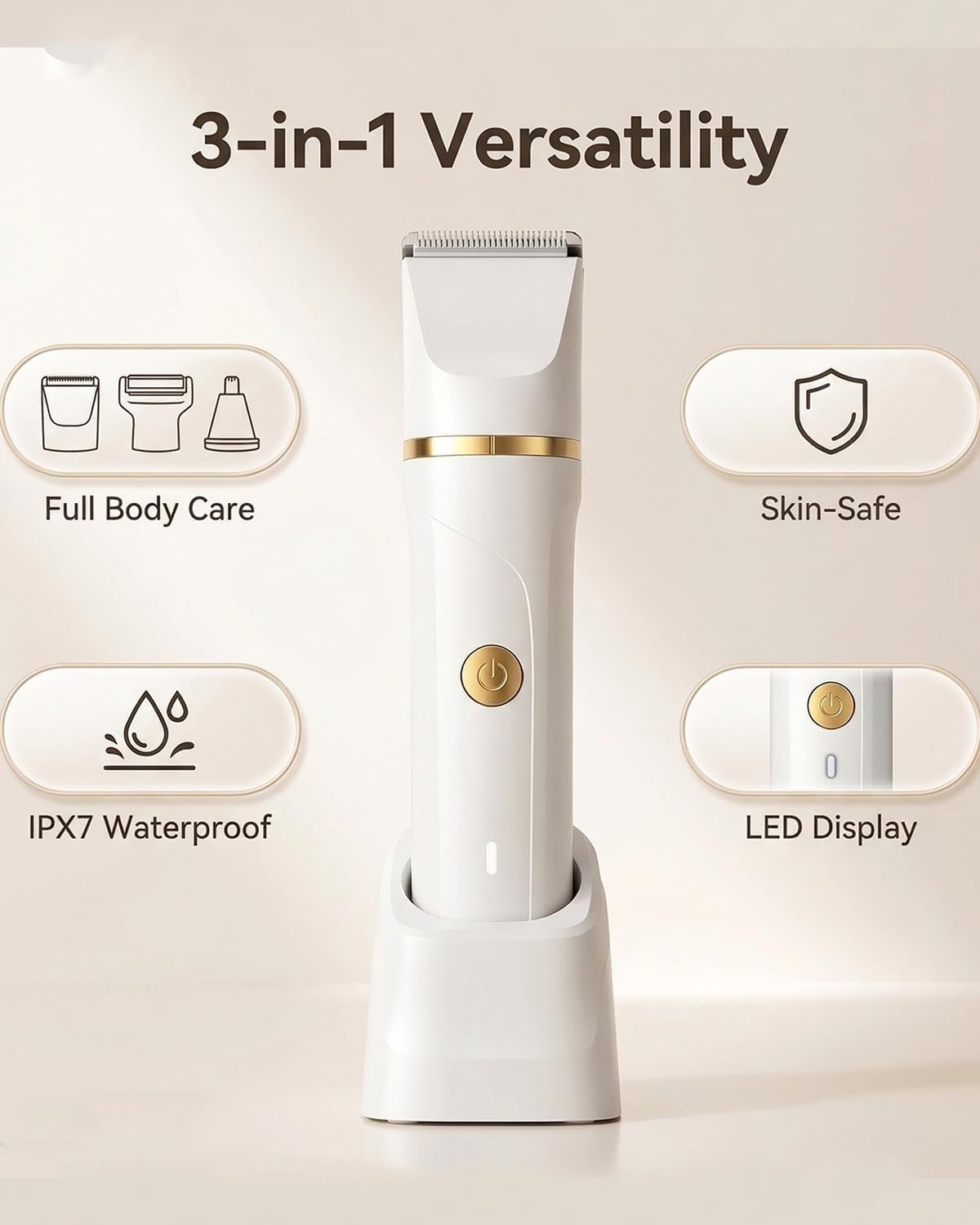 RAXMETRY Bikini Trimmer for Women Men, 3-in-1 Electric Razors for Pubic Hair, IPX7 Waterproof Replaceable Shaver Head with Nose Hair Trimmer for Travel, White