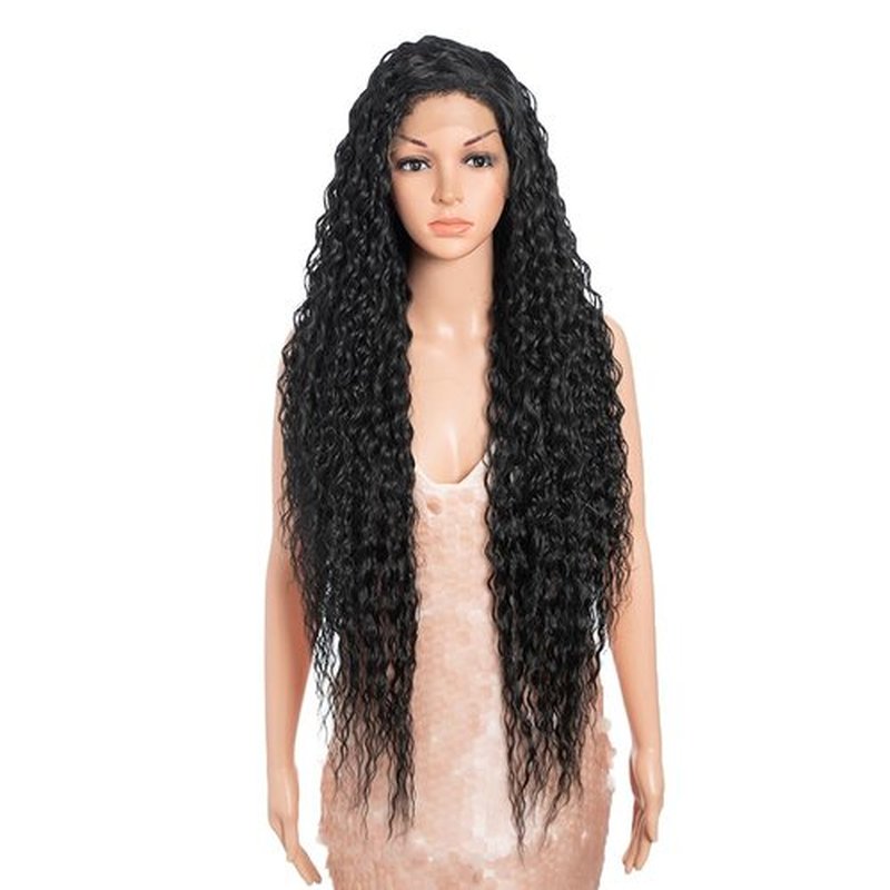 Style Icon 36”Super Long Curly Wig C-Shaped Side Part Lace Wig Afro Baby Hair Synthetic Black Wigs(36 inches, 1B)