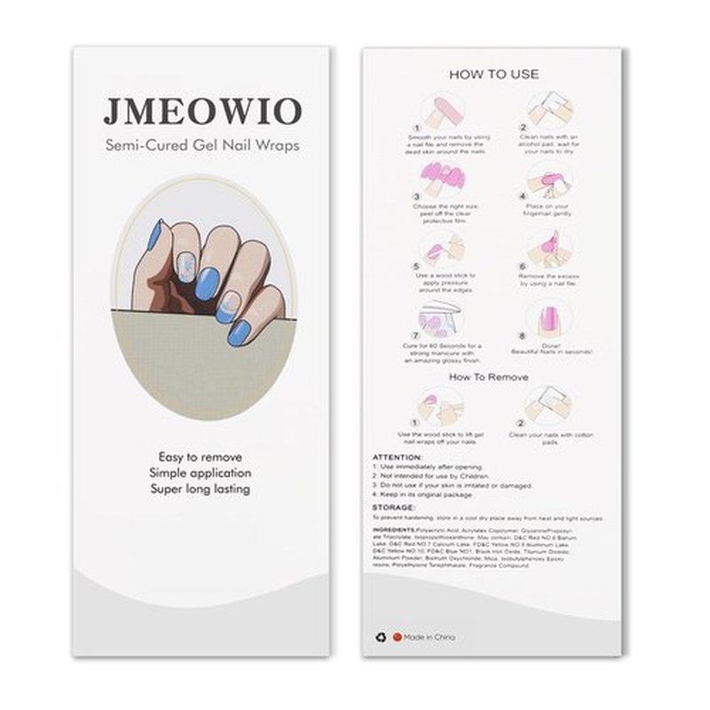JMEOWIO Gel Nail Stickers Blue Flower French Tip Semi Cured Gel Nail Strips Wraps UV/LED Nails Art Design Decoration Accessories