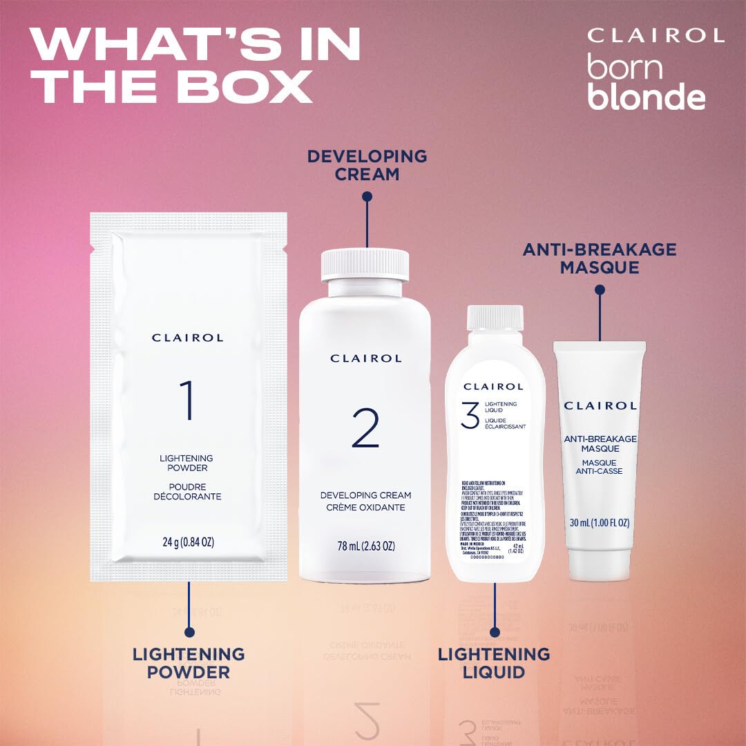 Clairol Born Blonde Extra Blonde Bleach Kit, Complete Lightening System, Up to 6 Levels Lighter Hair Color, Pack of 3 - Packaging May Vary